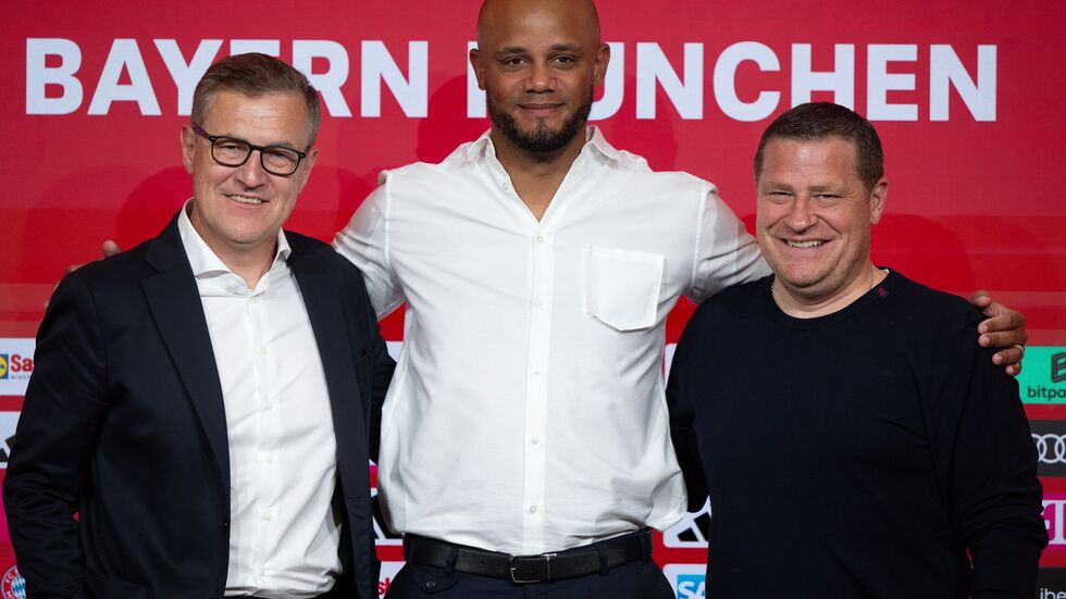 Weiter ein Team: Vorstandschef Jan-Christian Dreesen (l), Trainer Vincent Kompany (M) und Sportvorstand Max Eberl. (Archivbild) Weiter ein Team: Vorstandschef Jan-Christian Dreesen (l), Trainer Vincent Kompany (M) und Sportvorstand Max Eberl. (Archivbild)