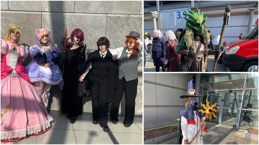Eine bunte Cosplay-Gruppe auf der Manga-Comic-Con v.l.n.r.: Ica als Prinzessin Peach, Dana als Maid Kokomi, Jibril als Rosaria, Rain als Dazai und Milo als Chuuya (linkes Bild). Bild rechts oben: Daniel als Triceratops. Bild rechts unten: Diana als Wizardmon.