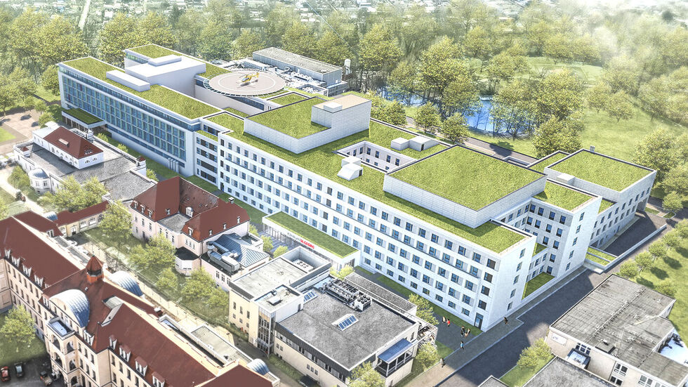 So soll der Zentralneubau am St. Georg Klinikum Leipzig nach Fertigstellung aussehen.