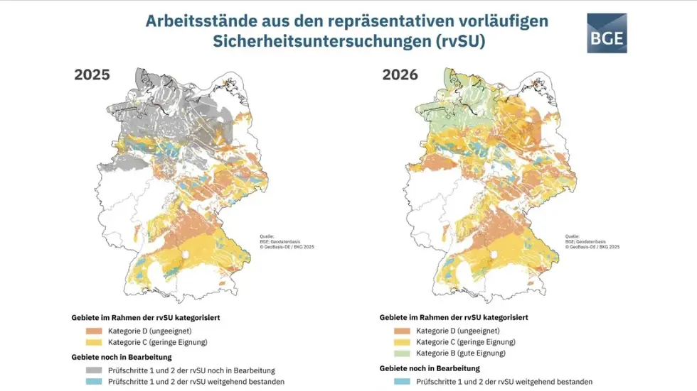 Die heute veröffentlichte, neue Karte rechts zeigt, dass es keine Pläne mehr gibt für ein Atommüll-Endlager in Sachsen (kein blauer Bereich mehr).