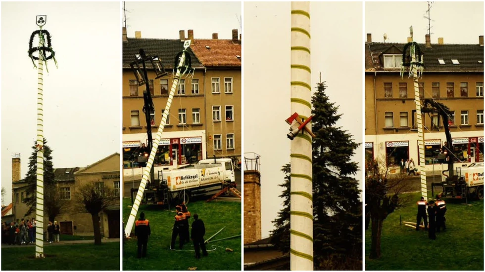 Historische Aufnahmen zeigen, wie der Maibaum früher gesetzt wurde.