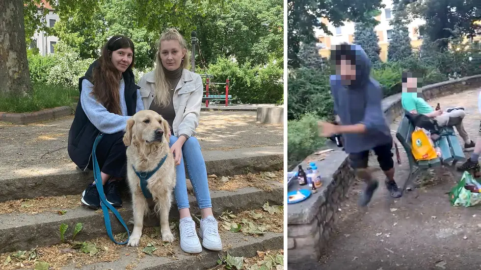 Der junge Mann (24, re.) griff die beiden jungen Mamas (li.) auf dem Spielplatz am Gießerplatz in Leipzig an, weil sie abends darum gebeten hatten, die Musik etwas leiser zu machen, damit ihre Kinder schlafen können. Das Foto rechts stammt aus dem Video, in dem sie die Ruhestörer filmten - urplötzlich rannte der eine Mann auf sie zu und prügelte auf sie ein.
