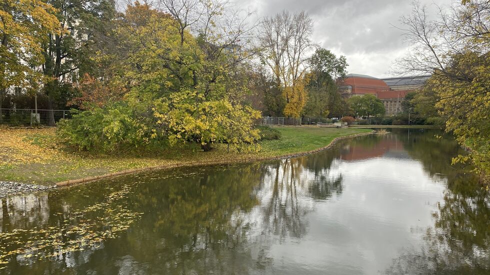 Der Leipziger Schwanenteich mit seinem kleinen Park zwischen Hauptbahnhof und Opernhaus.