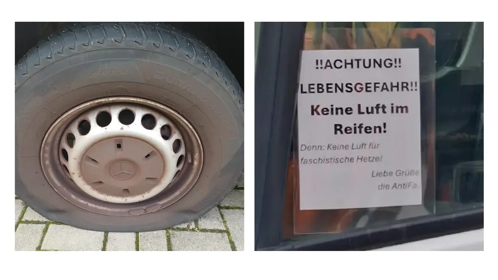 Zu ihrer Motivation haben die Täter einen Zettel an der Scheibe auf der Seite des Fahrers hinterlassen. Zu ihrer Motivation haben die Täter einen Zettel an der Scheibe auf der Seite des Fahrers hinterlassen.