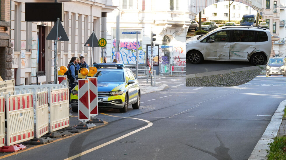 Die Unfallstelle auf der Kurt-Eisner-Straße und der schwer beschädigte VW Touran.