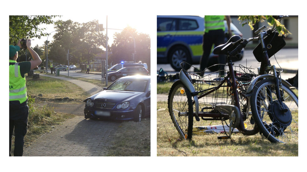 Die beschädigten Fahrzeuge an der Unfallstelle: ein Mercedes und ein (großes) Dreirad.