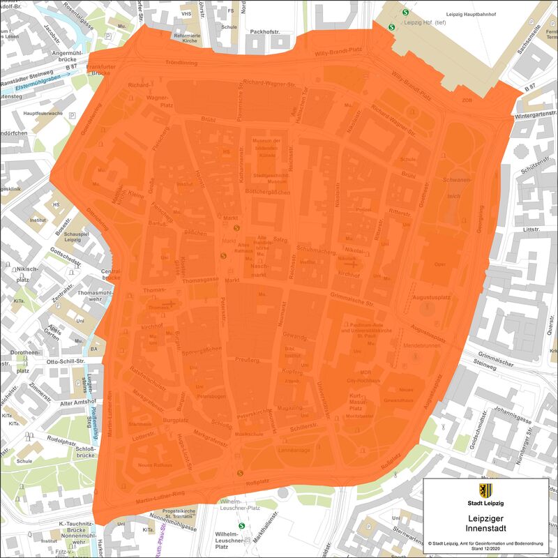Alkoholverbot-Karte der Stadt Leipzig Alkoholverbot-Karte der Stadt Leipzig: Im orangefarbenen Bereich gilt das Verbot