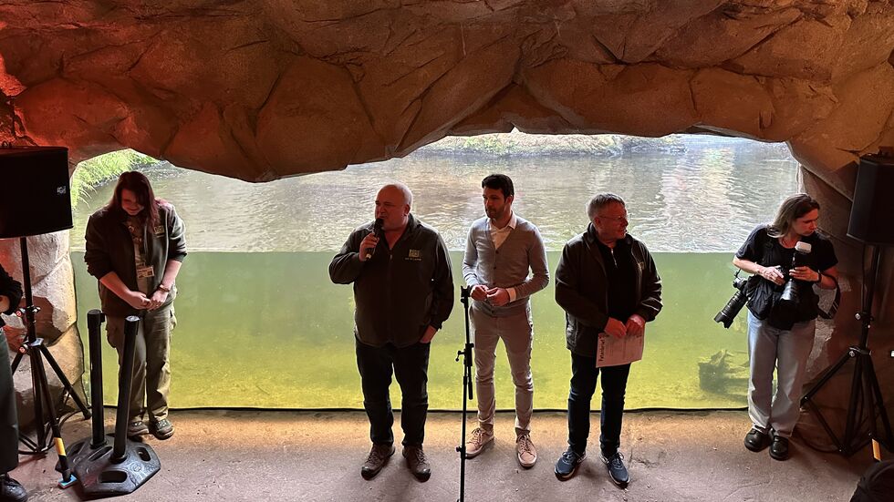Zoodirektor Prof. Jörg Junhold (li.), Geschäftsführer Sven-Matti Kamann (Mi.) und Michael Weichert (Präsident des Freundes- und Fördervereins des Zoo Leipzigs) am Freitag im Zoo.