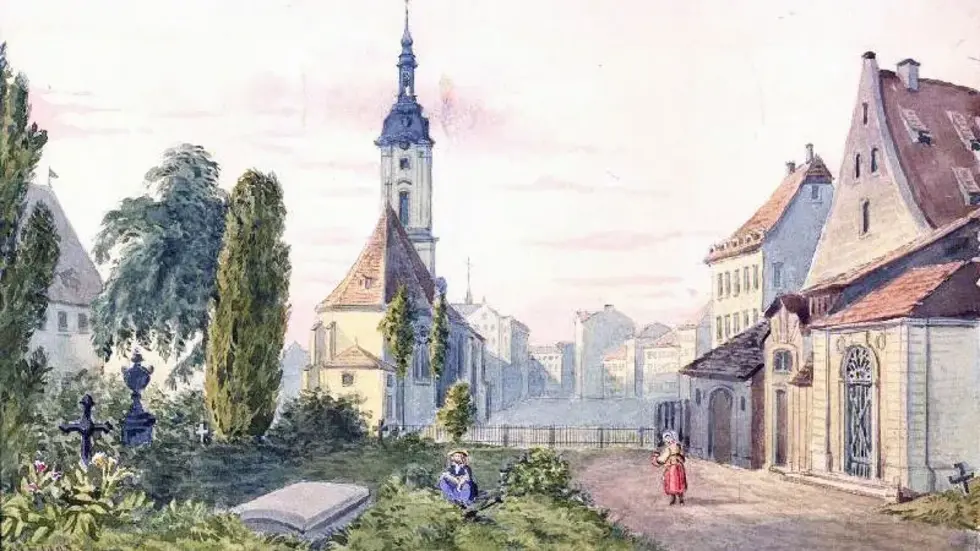 Ein Aquarell-Gemälde von Leipzig ältester Grabstätte, dem Alten Johannisfriedhof hinterm Grassi-Museum. Es stammt von 1903. Ein Aquarell-Gemälde von Leipzig ältester Grabstätte, dem Alten Johannisfriedhof hinterm Grassi-Museum. Es stammt von 1903.