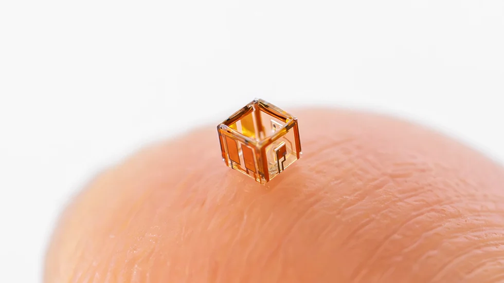 Ein 3D-modularer Mikroroboter – genannt Smartlet – auf einer Fingerspitze.