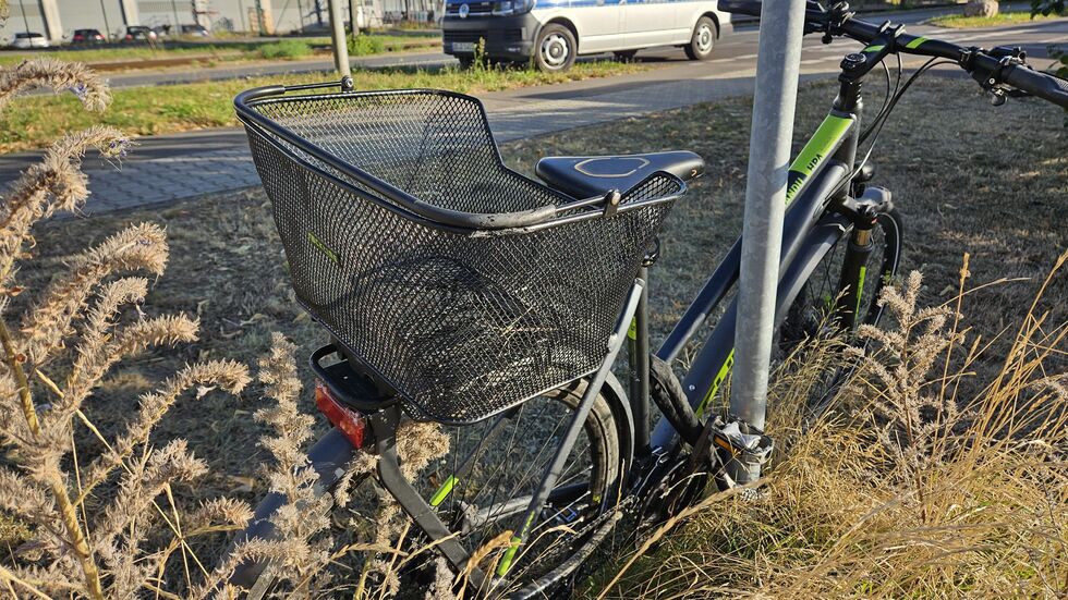 Das beschädigte Fahrrad am Straßenrand.